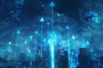 Fototapeta premium A digital illustration of glowing arrows soaring upwards over a cityscape, symbolizing growth, progress, or futuristic navigation.