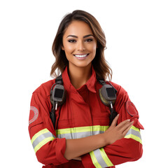 Front view mid body shot of an extremely beautiful Polynesian female model dressed as a Firefighter smiling with arms folded, isolated on a white transparent background