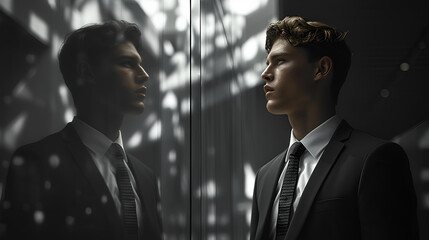 Side profile - young male business executive - well-dressed - deep thought - concentration - low angle shot - close-up - reflection - mirror 