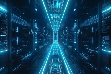 Fototapeta na wymiar A 3D render of a futuristic server data center with glowing blue lights and circuit-like patterns.
