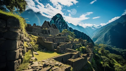 Papier Peint photo Machu Picchu Inca Majesty: Dramatic Capture of Machu Picchu's Ancient Ruins and Towering Mountain Peak