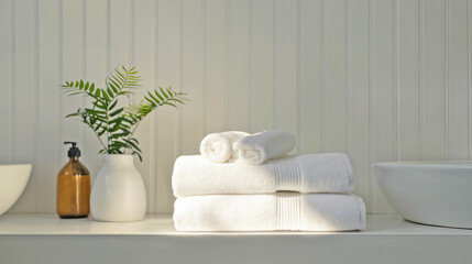 Fototapeta na wymiar Close-up of white towels and washcloths on luxury bathroom countertop, green plant, basins and beauty products. Minimalist Scandinavian home and spa decor. Horizontal, room for type. High end resort.