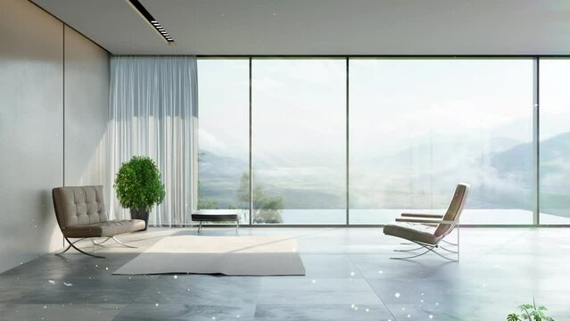 loft interior with landscape view. seamless looping overlay 4k virtual video animation background 