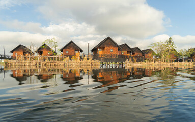 Inle Lake City, The Floating village urban city town houses, lake sea or river. Nature landscape...