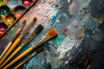 Close-up of artist paintbrushes beside a canvas, surrounded by an array of tools including brushes, paints, and a palette scattered across the floor.