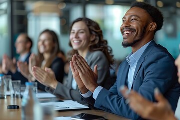 Coworkers smiling and applauding during a company-wide meeting, demonstrating unity and enthusiasm for shared goals, Generative AI