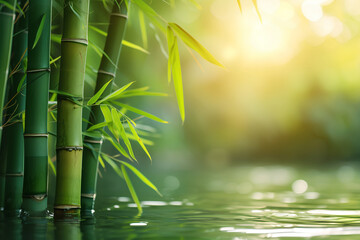 Fototapeta na wymiar Aligned bamboo stalks gently sway in water against a sunlit backdrop, creating a tranquil and natural scene. The verdant greenery of the bamboo stems complements the serene Asian-inspired landscape, 