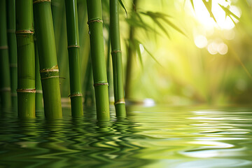 Aligned bamboo stalks gently sway in water against a sunlit backdrop, creating a tranquil and...