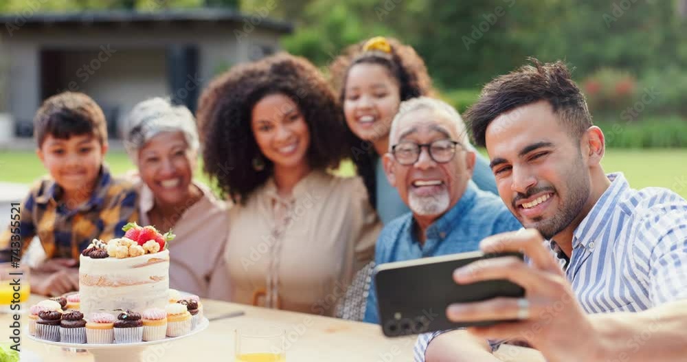 Sticker Selfie, family and birthday in backyard with happy, social media and grandparents outdoor. Home, smile and table with celebration and party cake in garden with parents and kids with love and food