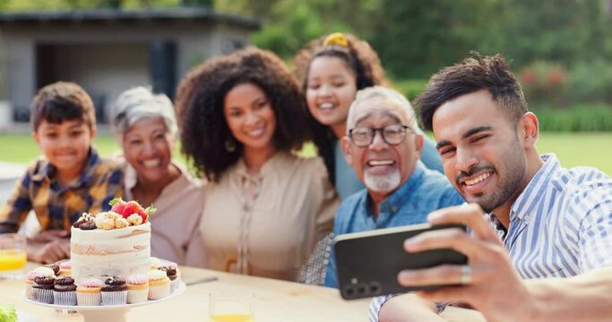 Selfie, family and birthday in backyard with happy, social media and grandparents outdoor. Home, smile and table with celebration and party cake in garden with parents and kids with love and food