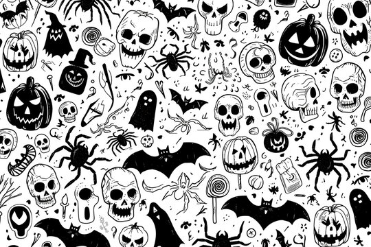 Halloween pattern with endless background with pumpkins, skulls, bats, spiders, ghosts, bones, candies, spiders