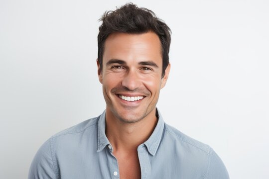 Portrait of a handsome young man smiling while standing against white background