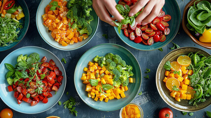 Overhead view of colorful salad ingredients in bowls, ideal for healthy eating concepts.