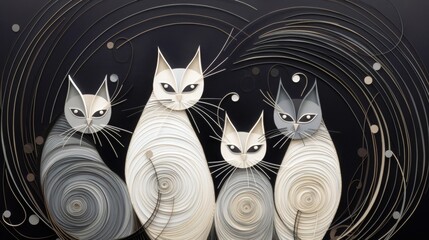 Illustration of perturbed cats in black and white quillwork - obrazy, fototapety, plakaty
