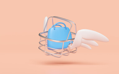 stainless steel shopping basket with wing, bag isolated on orange background. Online shopping, express delivery concept, 3d illustration render