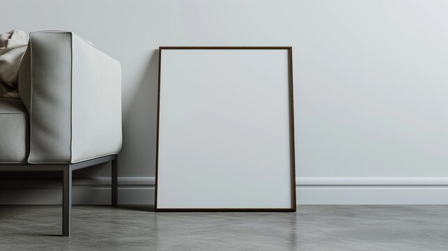 Blank vertical black poster frame standing on the floor against white wall in modern living room, empty picture frame mockup.