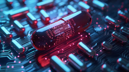 A closeup of a smart pills microchip displaying its ability to store and transmit important data about the medication and its effects. - obrazy, fototapety, plakaty