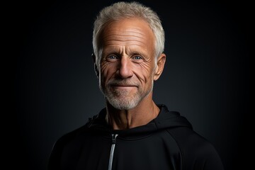 Portrait of a senior man in a black hoodie. Studio shot.