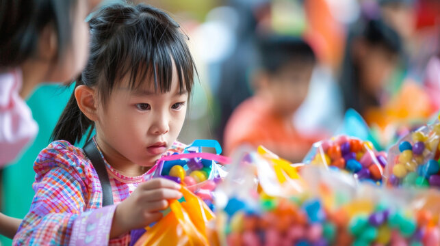 Children can be seen buzzing with excitement as they fill their goody bags with colorful candies and chocolates.