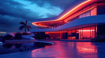 futuristic villa with neon light