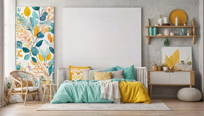 Baby bedroom interior decoration. Wall mockup. Blank white canvas with frame. - obrazy, fototapety, plakaty