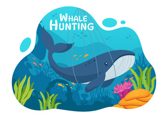 Whale Hunting Vector Illustration with the Activity of Catch Whales to Obtain Products that Humans can use by Illegally in Flat Cartoon Background
