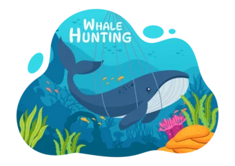 Fototapete Wal Whale Hunting Vector Illustration with the Activity of Catch Whales to Obtain Products that Humans can use by Illegally in Flat Cartoon Background