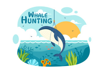 Whale Hunting Vector Illustration with the Activity of Catch Whales to Obtain Products that Humans can use by Illegally in Flat Cartoon Background