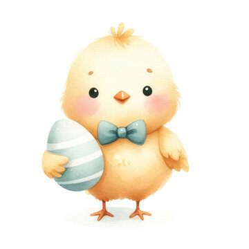 Chick wearing a bowtie and holding an egg. watercolor illustration, easter chicken and easter eggs.