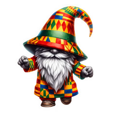 Colorful Gnomes Celebrating Black History Month: Illustrations of whimsical gnomes in vibrant Kente cloth, acknowledging Black History Month with signs,   books, and cultural symbols.