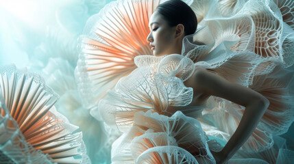 Inspired by the deep sea this 3D printed dress features a mix of rigid and flowing materials showcasing the beauty and versatility of using unconventional materials in fashion.