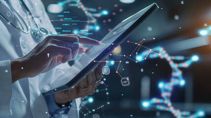 ealthcare Professional Interacting with Electronic Medical Records on Tablet. DNA Visualization. Futuristic Virtual Interface for Medical Technology and Digital Healthcare Network