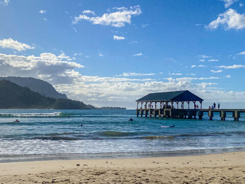 Pier at Hanalei Bay, Kauai, Hawaii on a sunny tropical day