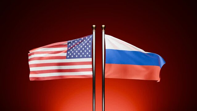 USA vs. Russia: Witness the 3D rendered flags of the USA and Russia waving on opposite sides against a dark background, with a cinematic red hue.
