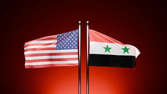 USA vs. Syria: Observe the 3D rendered flags of the USA and Syria waving on opposite sides against a dark background, with a cinematic red hue.