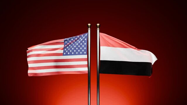 USA vs. Yemen: Watch the 3D rendered flags of the USA and Yemen waving on opposite sides against a dark background, with a cinematic red hue.