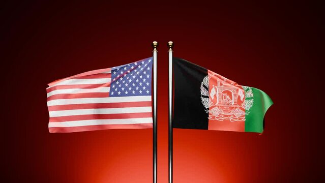 USA vs. Afghanistan: See the 3D rendered flags of the USA and Afghanistan waving on opposite sides against a dark background, with a cinematic red hue.