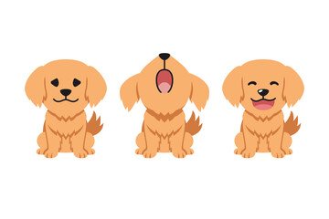 Set of vector cartoon character cute golden retriever dog for design.