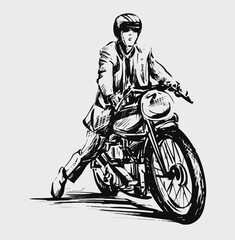 Fototapeta na wymiar Drawing of Biker on vintage motorcycle
