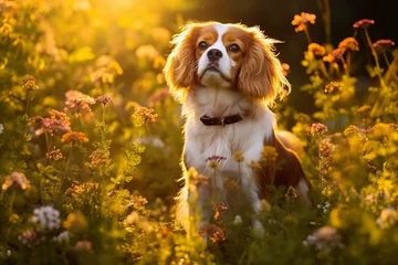 Store enrouleur tamisant sans perçage Prairie, marais Cavalier king charles spaniel dog sitting in meadow field surrounded by vibrant wildflowers and grass on sunny day ai generated