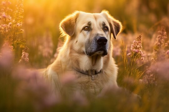 Anatolian shepherd dog sitting in meadow field surrounded by vibrant wildflowers and grass on sunny day AI Generated