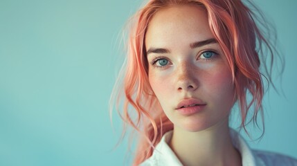 A portrait of a young woman with pink-colored hair, exuding a captivating aura in a stylish white shirt. Ai Generated.