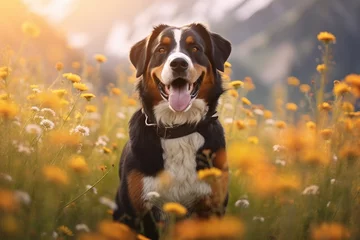 Crédence de cuisine en verre imprimé Prairie, marais Greater swiss mountain dog sitting in meadow field surrounded by vibrant wildflowers and grass on sunny day ai generated