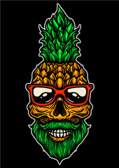 Illustration of a pineapple skull with glasses and a beard summer vibes