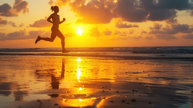 Witness the breathtaking silhouette of a runner, making strides on a seaside beach as the sun dips below the horizon. Ai Generated.