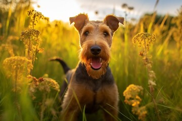 Welsh terrier dog sitting in meadow field surrounded by vibrant wildflowers and grass on sunny day ai generated