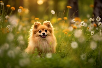 Pomeranian dog sitting in meadow field surrounded by vibrant wildflowers and grass on sunny day ai generated