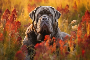 Neapolitan mastiff dog sitting in meadow field surrounded by vibrant wildflowers and grass on sunny day ai generated - obrazy, fototapety, plakaty