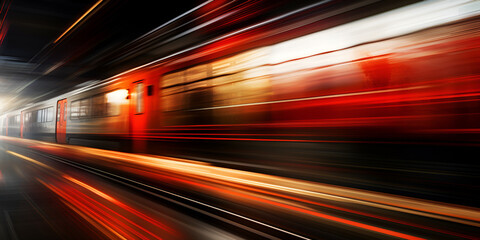 Fototapeta na wymiar fast moving train at night, Fast motion of city train at night time, Abstract dynamic speed light trails with long exposure in an urban environment, Generative AI