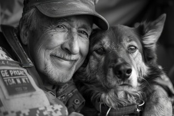 Veterans return home Hugging his beloved dog with happiness